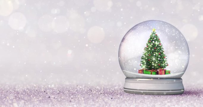 Magic snow globe animation with christmas tree inside on bright bokeh background. Seasonal snowfall 4k video edited as seamless loop.