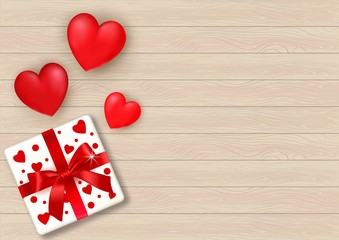 Vector romantic template with gift box, hearts and copy space on natural wooden background. Happy Valentines day, sale, offers, wedding, birthday card concept. Realistic 3d red hearts, love design.