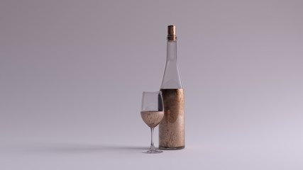Fototapeta na wymiar Bronze Wine in a Tall Glass Bottle with a Cork and Wine Glass Stop 3d illustration 3d render