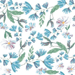 Fototapeta na wymiar watercolor seamless pattern of cornflowers blue and chamomile white