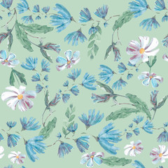 Fototapeta na wymiar watercolor seamless pattern of cronflowers blue and white chamomile 