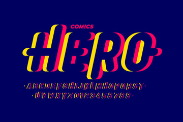 Comics style font, super hero alphabet, letters and numbers