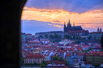 A view of Prague Castle across the Vltava River in Prague, Czech Republic.