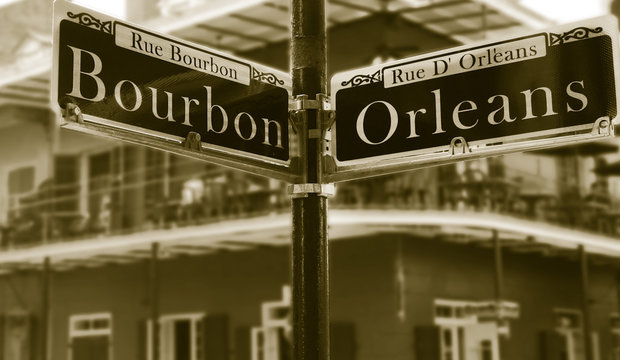 Corner of Bourbon Street in New Orleans French Quarter