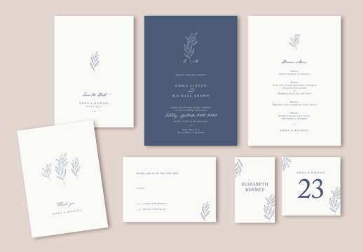 Minimalist Wedding Suite Layout with Leaf Illustrations
