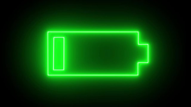 Neon Glowing Battery Icon.  Charger, Running From Full To Low Cell Phone Battery.