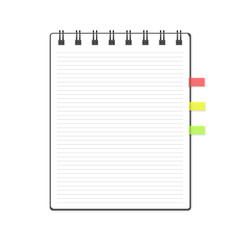 Vector block note with transparent bookmarks set. Illustration of empty lined notebook isolated on white. Blank notepaper can be used as a mock up, background or template. Eps 10.