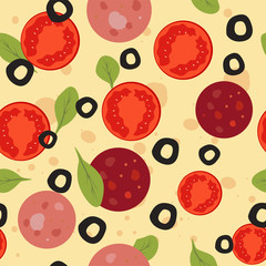Pizza seamless pattern. Mozzarella, Cheese, Basil, Tomato, pepperoni, olives. Illustration for backgrounds, card, posters, banners, textile prints, cover, web design. Eat healthy. Vector icons.