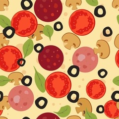 Pizza seamless pattern. Mozzarella, Cheese, Basil, Tomato, pepperoni, olives. Illustration for backgrounds, card, posters, banners, textile prints, cover, web design. Eat healthy. Vector icons.