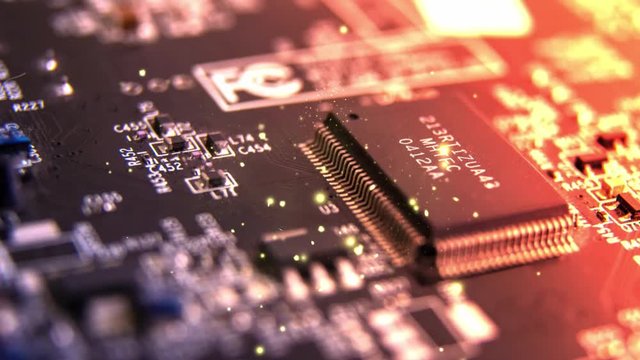 Modern printed circuit board, electronic circuit board, textolite. video with abstract highlights.