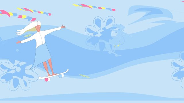 Girls skateboarders moving fast through joyful sunny landscape hills. Concept of active lifestyle, sports, speed, happiness. 2d animation cartoon style. Golden yellow background. Copy space