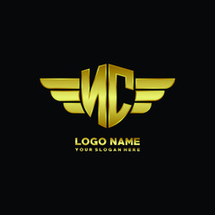 initial letter NC shield logo with wing vector illustration, gold color