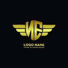 initial letter NE shield logo with wing vector illustration, gold color