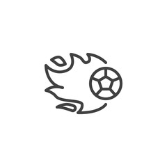 Soccer ball with fire flame line icon. linear style sign for mobile concept and web design. Flying football fire ball outline vector icon. Symbol, logo illustration. Vector graphics