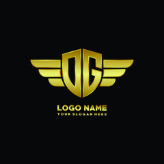 initial letter OG shield logo with wing vector illustration, gold color