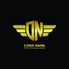 initial letter ON shield logo with wing vector illustration, gold color