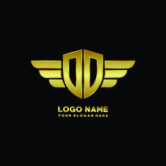 initial letter OO shield logo with wing vector illustration, gold color