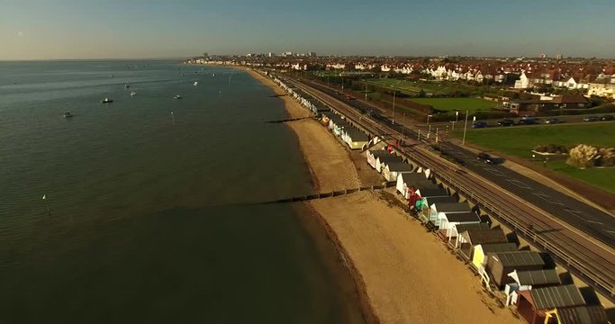 South East Essex Coast Drone Flight 4K. Flight Over Coast Line To A Hover. FPV