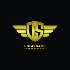 initial letter OS shield logo with wing vector illustration, gold color