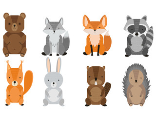 Vector set of cute forest animals. Wild woods animals: raccoon, deer, squirrel, hedgehog, hare, bear, fox, beaver and wolf. Cartoon illustration for children © OleniaArtShop