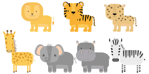 Obraz premium Vector set of cute animals. Jungle and savanna animals: tiger, cheetah, lion, zebra, giraffe, hippopotamus, elephant. Cartoon illustration for children