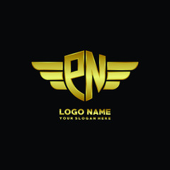 initial letter PN shield logo with wing vector illustration, gold color