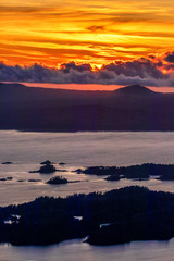 Sunset over Ocean, Islands, Horizon, Mountains 