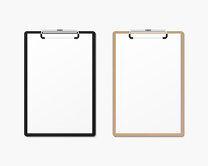 Realistic clipboard with blank paper mockup. Vector template for business and branding identity.