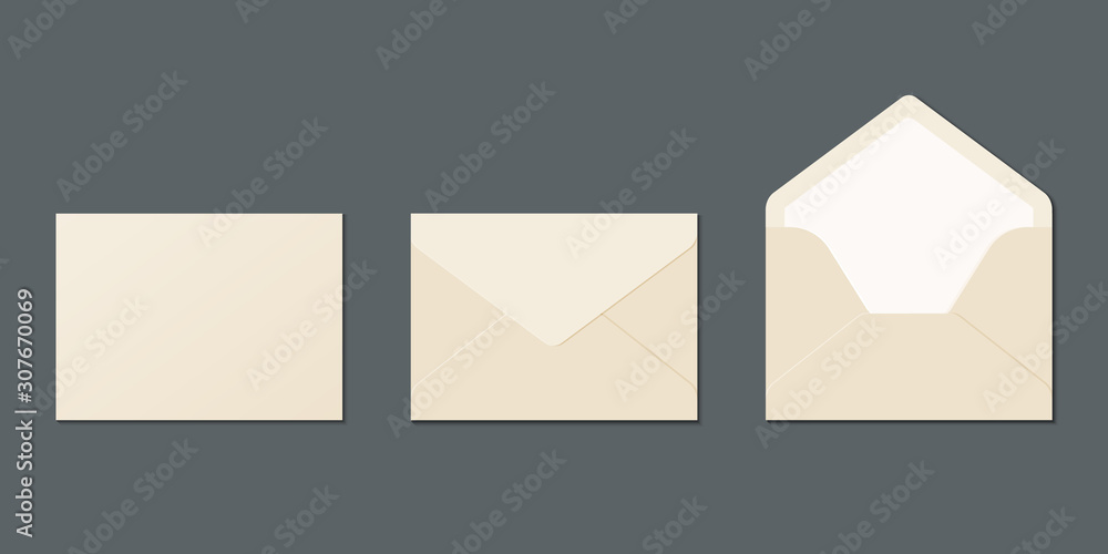Poster realistic envelope mockup set. envelope in front, back, opened vector. vector template for business 