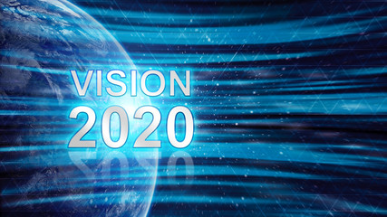 Abstract globe and word vision 2020 written on the planet Earth. Blue background. Communication technology. Elements of this image furnished by NASA. Concept for vision 2020 world technology.