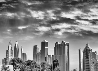 Dubai panoramic skyline and buildings at sunset