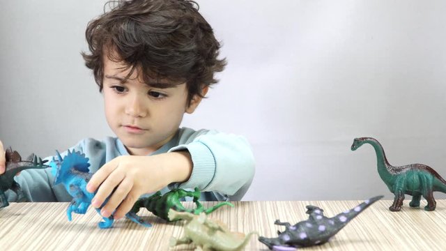 Little boy playing with toy dinosaurs. 4K