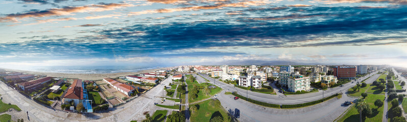 Drone aerial view of Viareggio. Cityscape along the sea