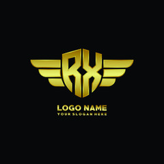 initial letter RX shield logo with wing vector illustration, gold color