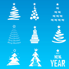 A selection of cute simple Christmas trees for holiday decoration on a blue background 