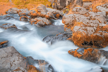 Iceland landscape. Kirkjufellfoss Waterfalls in summer season © jovannig