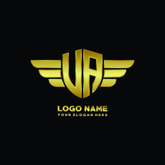 initial letter UA, VA shield logo with wing vector illustration, gold color