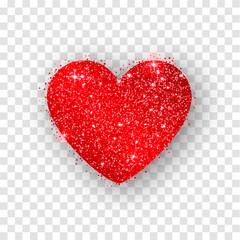 Red glitter Valentines day heart isolated transparent background. Vector illustration. Festive decorations bright glitter placer. Holiday love decor illustration