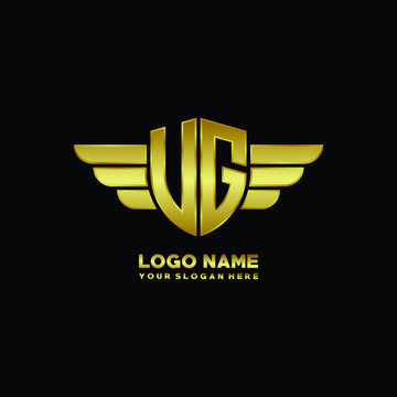 initial letter UG, VG shield logo with wing vector illustration, gold color