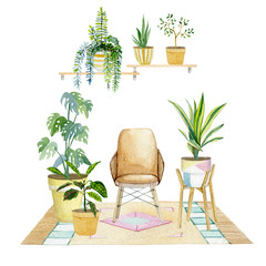 Warecolor interior with house plants in pots and equipment home decor. Hand painted decorative greenery collection for your trendy design for greeting card, poster, invintation print.