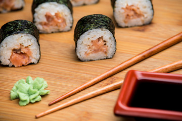 Traditional japanese sushi with fresh salmon.