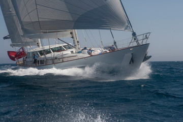 Sailing boat at Mediterranean Sea in full action. Palma Cup. Superyacht. Yachting. Palma de Mallorca Spain