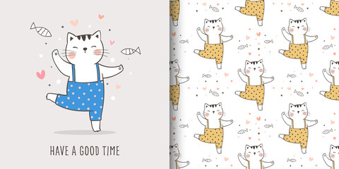 Draw greeting card and print pattern of cat for fabric textiles.