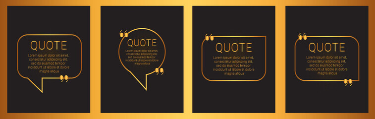 Set of quote box isolated on black background. Templates speech bubbles with space for text in a flat style. Golden quote blocks for comments, dialog
