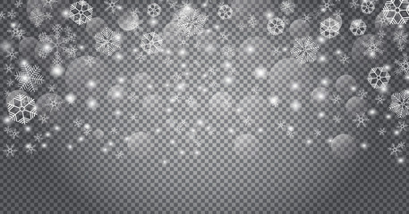 Snow is falling for christmas or New Year banner. Tracery snowflakes in different shapes are isolated on background.