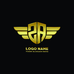 initial letter ZA shield logo with wing vector illustration, gold color