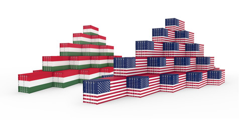 3D Illustration of the group Cargo Containers with Hungary and United States of America (USA) Flag. Isolated on white.