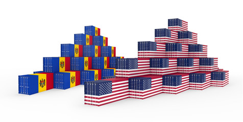 3D Illustration of the group Cargo Containers with Moldova and United States of America (USA) Flag. Isolated on white.