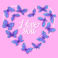 Fototapeta na wymiar Heart frame with hand drawn butterflies. I love you lettering Valentines day card. Vector stock illustration girly modern cute design on pink background