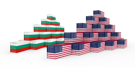3D Illustration of the group Cargo Containers with Bulgaria and United States of America (USA) Flag. Isolated on white.